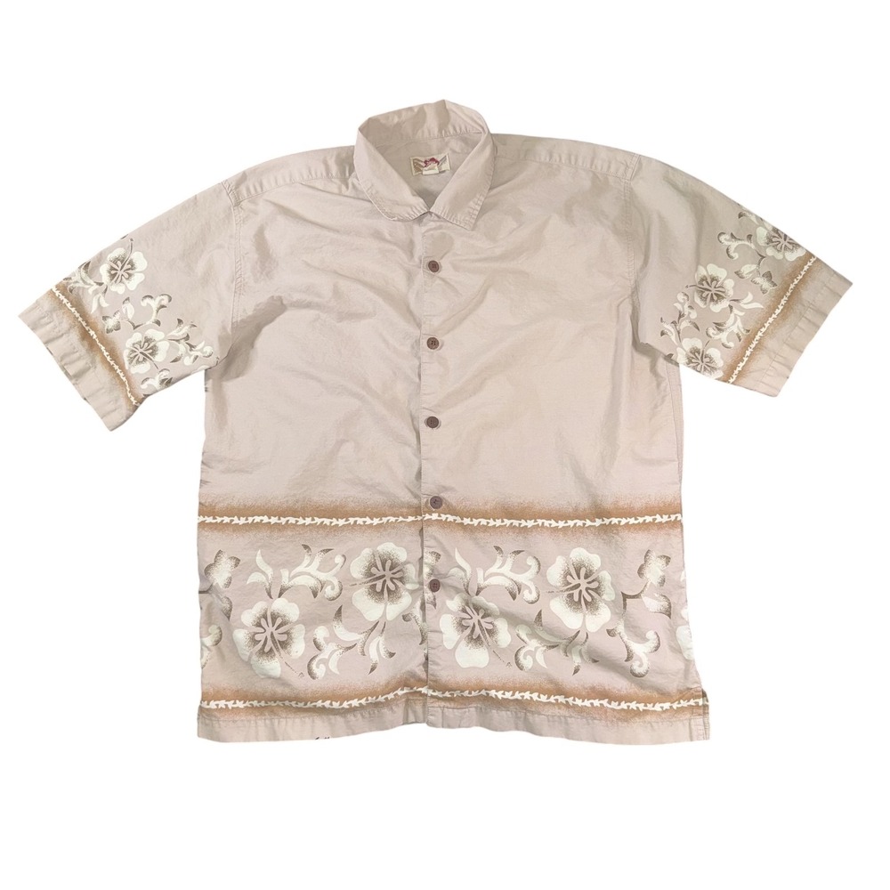 Hilo Hattie Shirt Mens XL Beige Hawaiian Aloha Floral Border Print Button Front